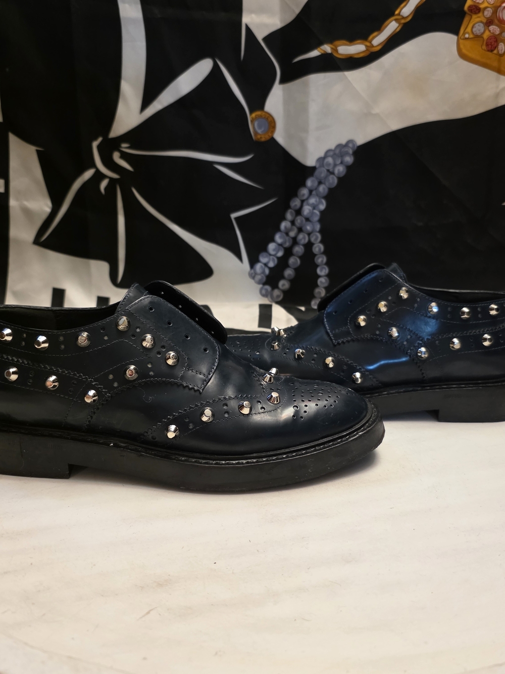 Balenciaga Blue/Black Leather Studded Loafers Size 38